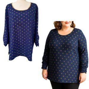SUSAN GRAVER Navy & Gold Crinkle Knit Metallic Dot Tunic Top Size 3X